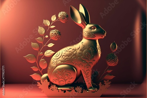 AI generated illustration of a golden rabbit on a red background for the year of the rabbit