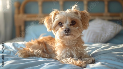 Cute Maltipoo dog sitting on the bed and looks at the camera