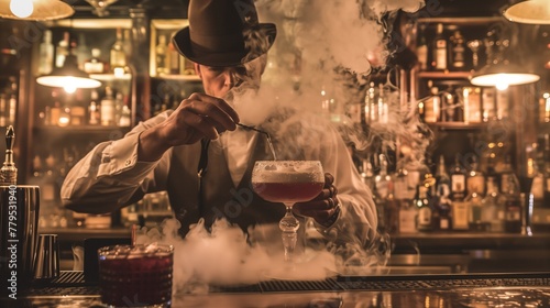Bartender in a top hat exhaling smoke behind a bar counter, AI-generated. photo