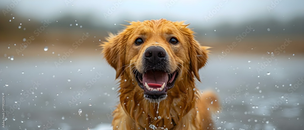 Close-up of a joyful golden retriever shaking off water after a swim. Concept Pets, Golden Retriever, Outdoor Fun, Water Activities, Close-up Shot