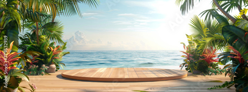 Wooden podium for product presentation on the beach with tropical plants and water background