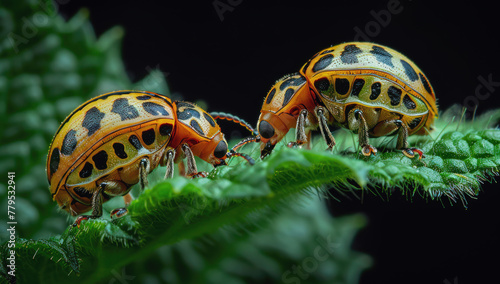 Colorado potato beetle life cycle. Colorado potato beetle on an green leaf photo