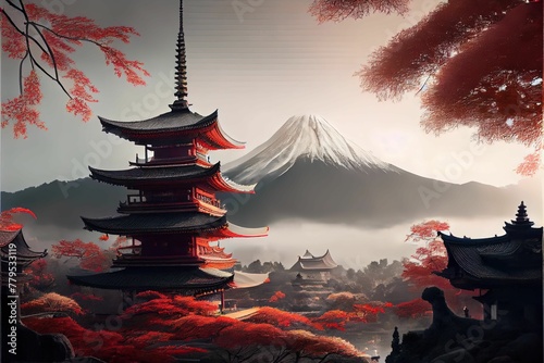 AI generated illustration of Mount Fuji and a Japanese temple surrounded by red trees