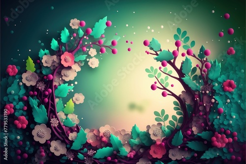 AI generated illustration of a beautiful wreath with flowers and green leaves