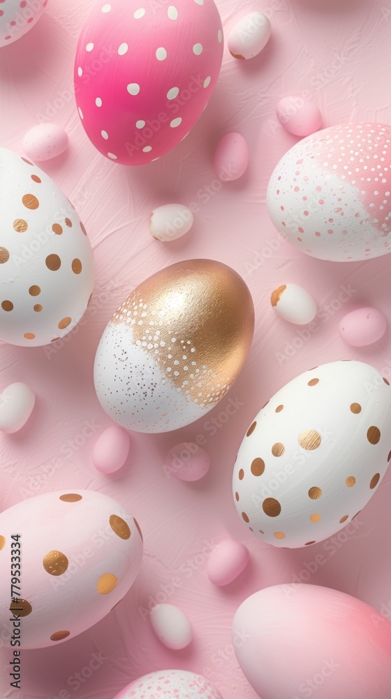 Decorated Easter eggs with patterns on a soft pink background