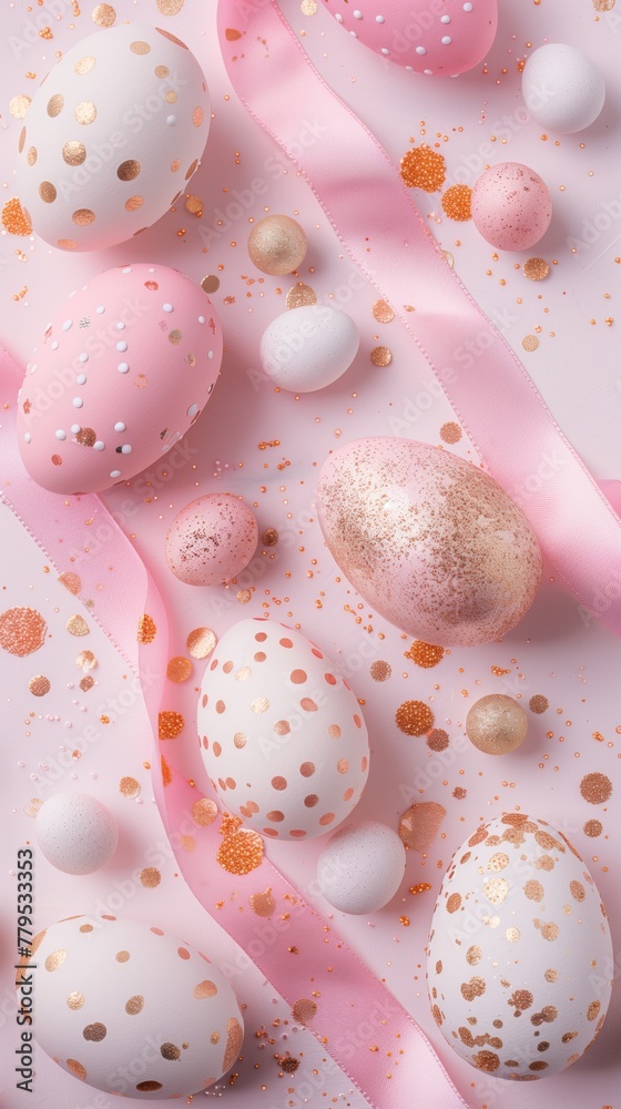 Elegant pastel Easter eggs adorned with golden details on a pink background.