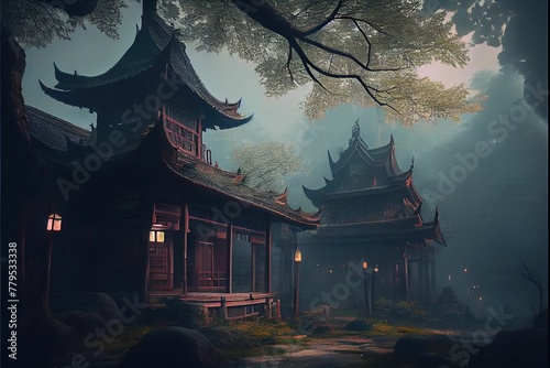 AI generated illustration of enchanted oriental buildings surrounded by autumn trees