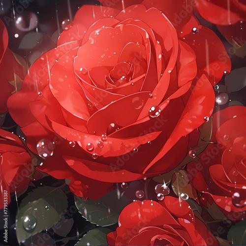 Background of red roses with water drops for greeting card