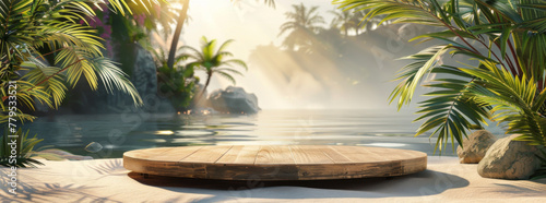 Wooden podium for product presentation on the beach with tropical plants and water background