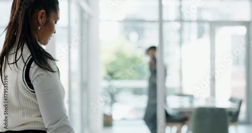 Man, woman and bullying in toxic office with falling paperwork, crash and angry business people. Frustrated, walking and conflict with rude businessman, busy worker and documents in air at workplace