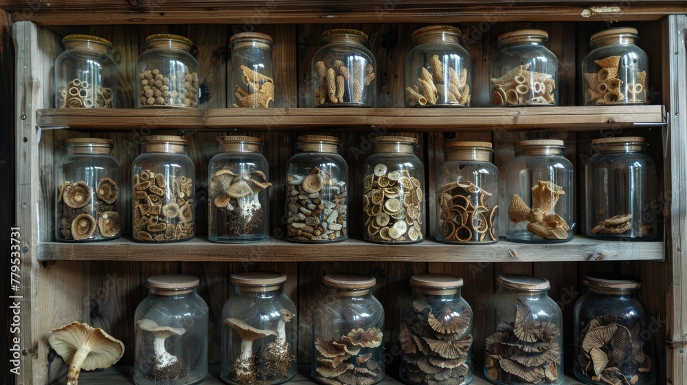 An apothecary shelf filled with jars of dried medicinal mushrooms each labeled with ancient scripts