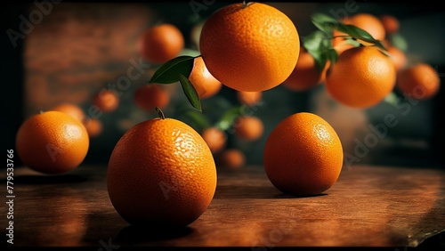 Ai-generated illustration of mandarin oranges floating in mid-air over the table.