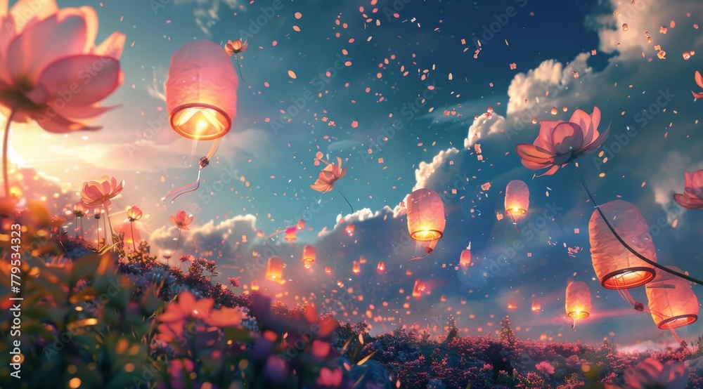 Lanterns floating over field of flowers at sunset. Idyllic scene of sky lanterns gliding above a field of blooming flowers under an orange-hued sunset