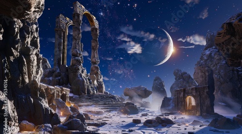 Mysterious ancient ruins under starry sky. An ethereal nightscape highlighting ancient ruins under a starry sky with a crescent moon, sparking curiosity photo