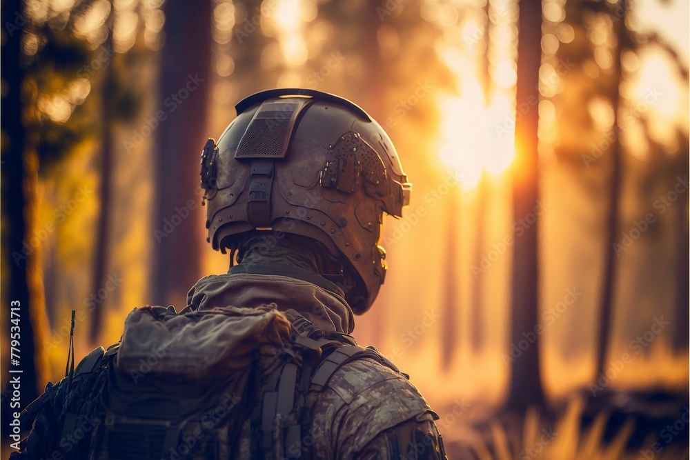 AI generated military man in forest at sunset - obrazy, fototapety, plakaty 