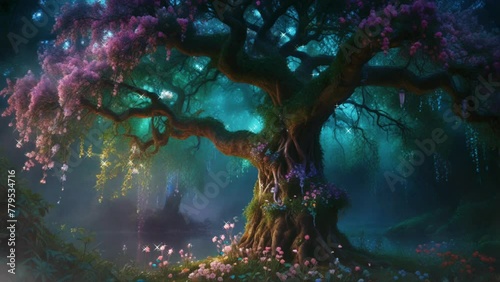 Mystical paradise tree with glowing vines emits soft light. seamless looping 4k video animation. photo