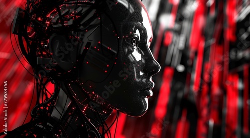 Close-up of a cyborg face with intricate details. Detailed view of a female cyborg face with a reflective surface and red digital circuits against a blurred red backdrop