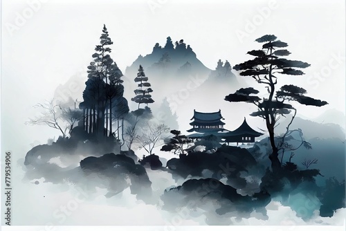 AI-generated illustration of ink wash painting of an ancient Asian temple on a hill in a forest © Wirestock