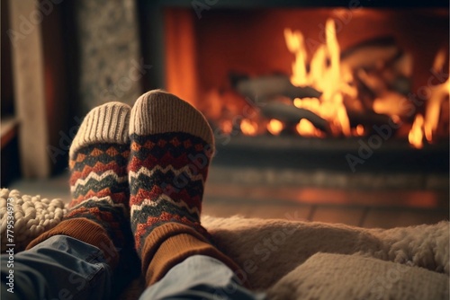 AI generated image of human feet with socks on sitting in front of a warm and cozy fireplace