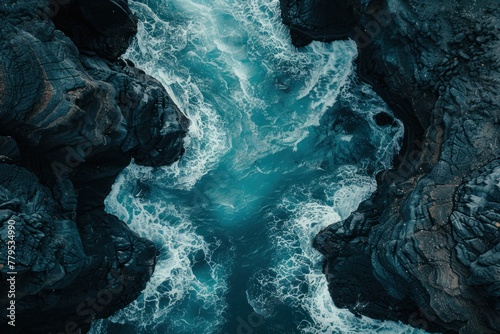 A top-down perspective of ocean waves crashing against the rocky shoreline