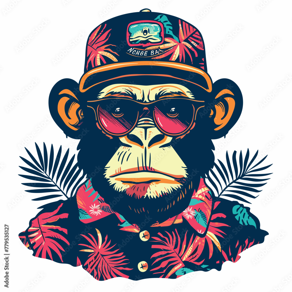 Fototapeta premium Monkey in a cap and sunglasses with tropical leaves. Vector illustration