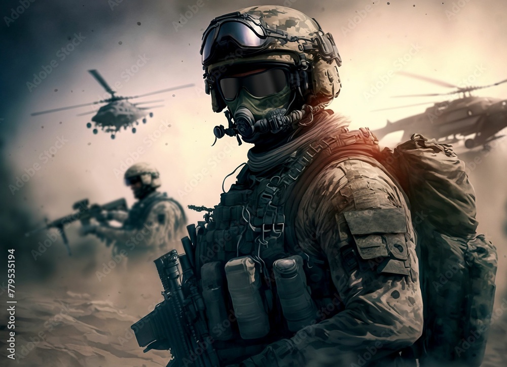 AI generated illustration of a special forces soldier with weapons and helicopters AI generated illustration of a special forces soldier with weapons and helicopters