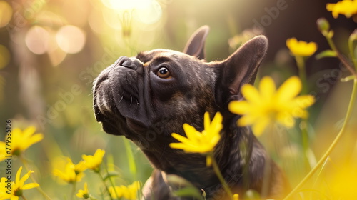 Cute french bulldog dog among spring yellow flowers field in forest at sunset. 