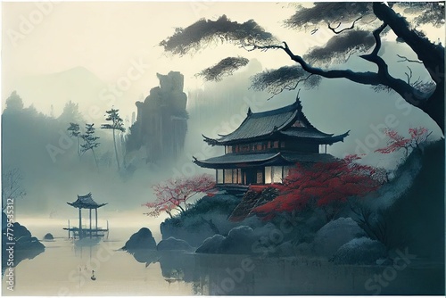 AI-generated illustration of an ancient Asian temple by a lake surrounded by trees