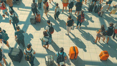 A group of people are walking down a sidewalk with their luggage photo