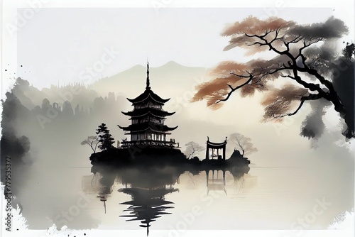 AI-generated illustration of an ink wash painting of an ancient Asian temple by a lake