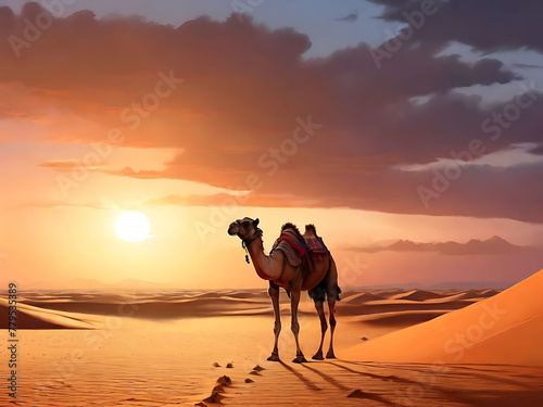 A Camel Walking in Desert. Generative AI