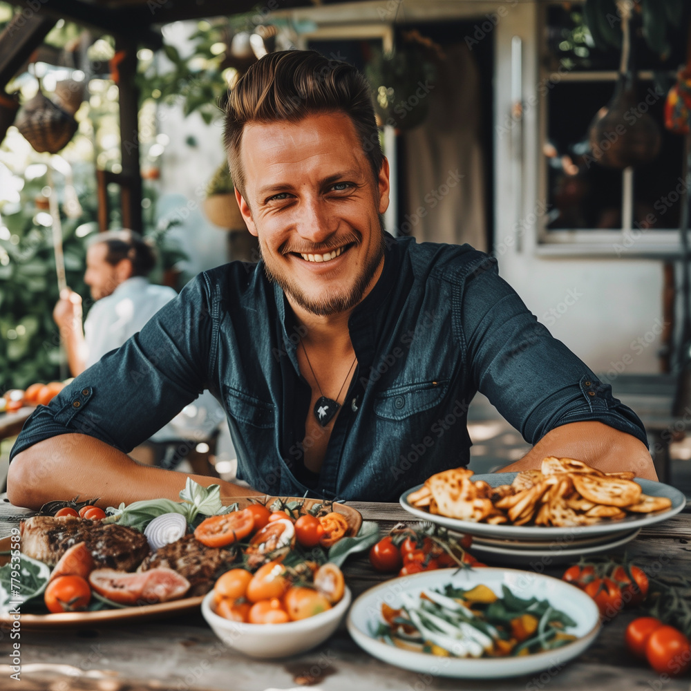 happy man with delicate dishes at a restaurant