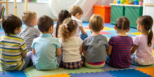 Back view of children group in kindergarten. Preschool education.