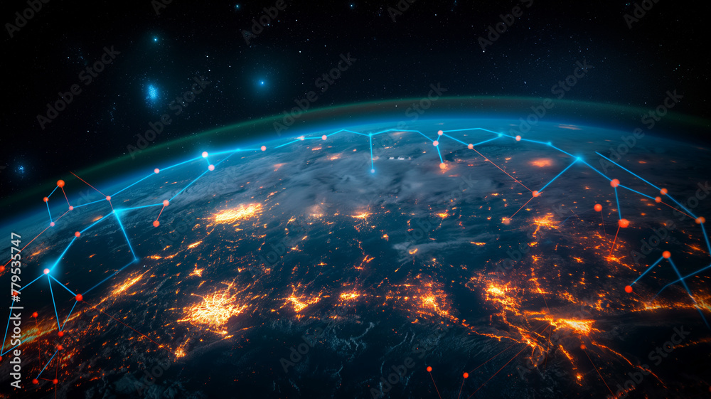A planet with a network of lines connecting cities and towns A planet with a network of lines connecting cities and towns