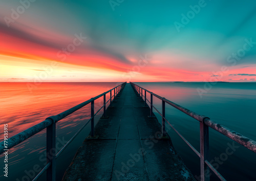 Vibrant sunset sky with dramatic clouds over a pier, leading lines.