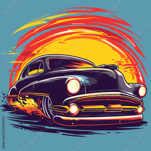 Vintage car on the background of the sunset. Vector illustration.