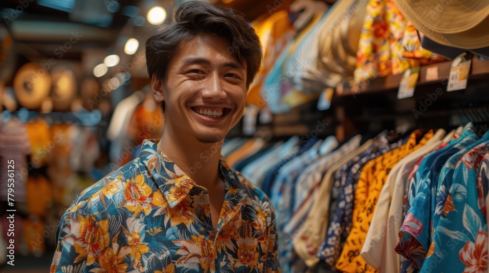 A smiling man stands in front of a rack of Hawaiian shirts