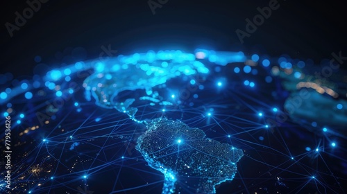 Blockchain technology Map of the planet. World map. Global social network. Blue futuristic background with planet Earth. Internet and technology. Floating blue plexus geometric background. 