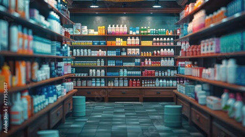 A store aisle with many bottles of medicine on the shelves photo