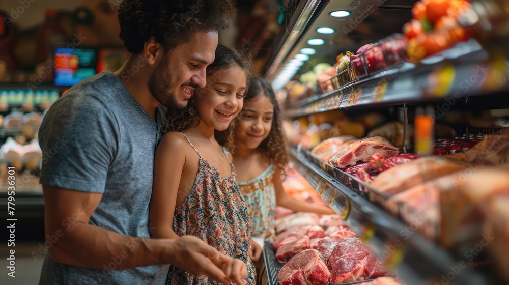Obraz premium A man and two children are shopping for meat in a grocery store