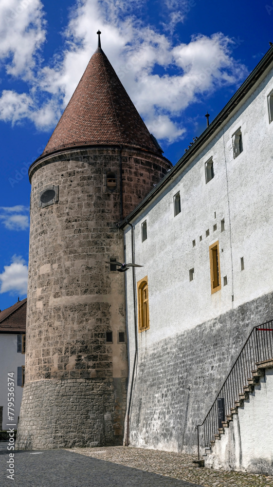 Castle wall and tower. City Yverdon-les-Bain, Switzerland