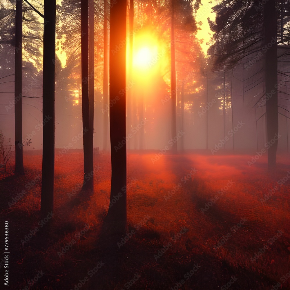 AI generated illustration of forest with dense trees during sunset