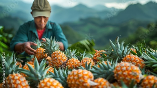 A person picking pineapples on a pineapple plantation. photo