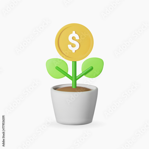 3d money tree plant with coin dollar. Business profit investment, finance education, business income concept. 3d render vector illustration.