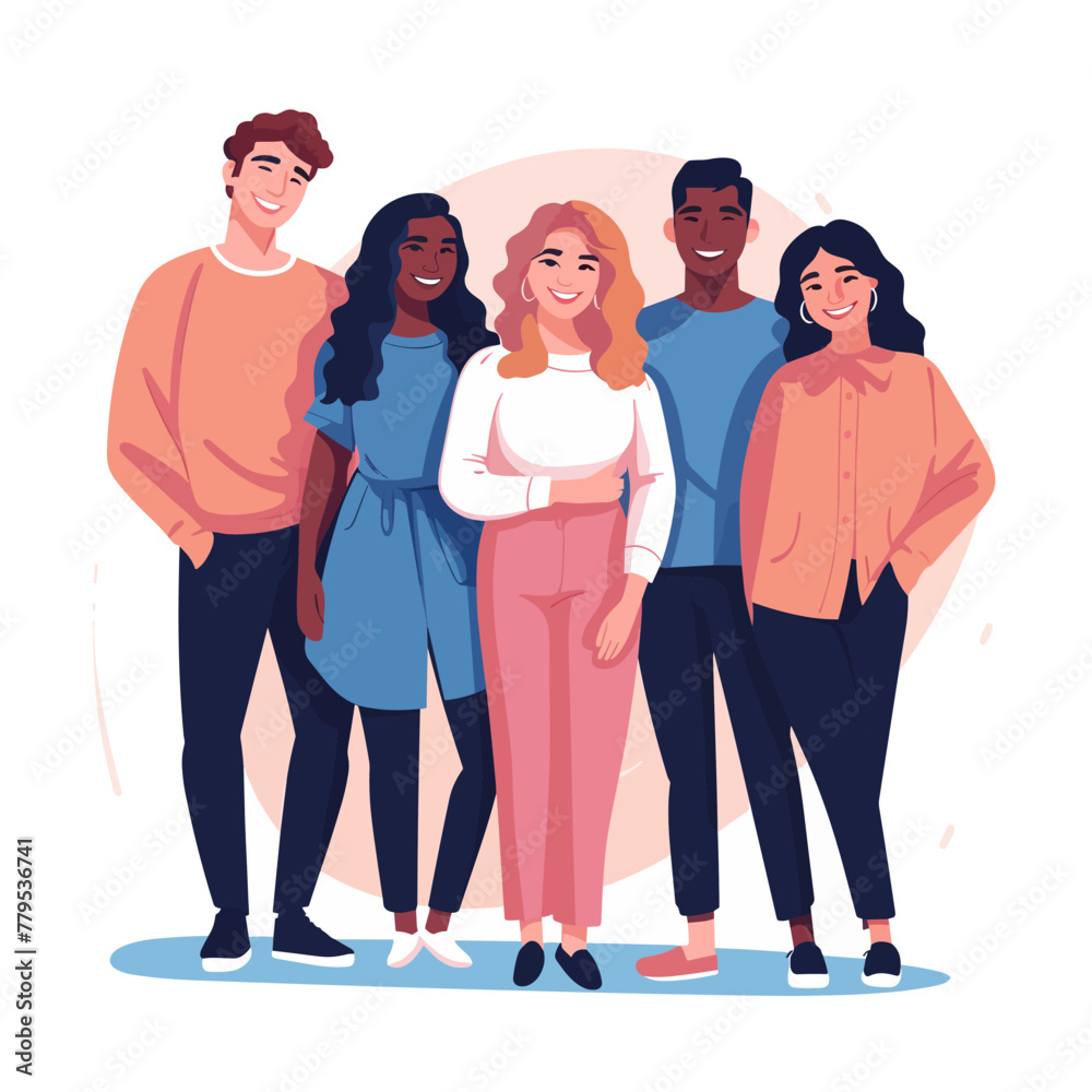 Group of young people in casual clothes standing together and smiling. Flat vector illustration. Group of young people in casual clothes standing together and smiling. Flat vector illustration.