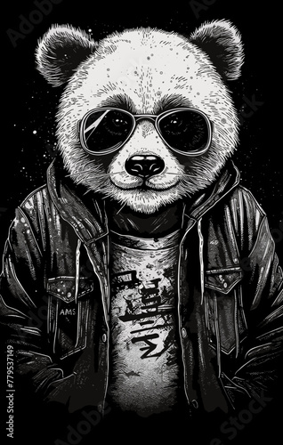 Portrait of Panda with leather jacket, sunglasses. Hand drawn illustration.