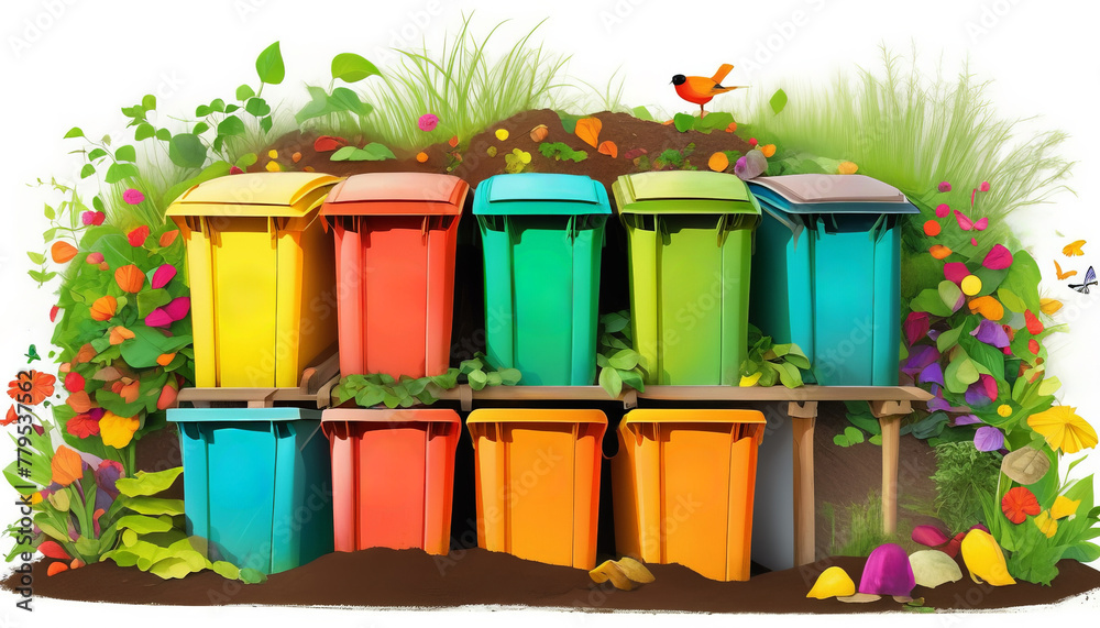 Vibrantly colored recycling bins nestled in a lush, cartoon-style garden, symbolizing waste management and environmental conservation for Earth Day awareness Vibrantly colored recycling bins nestled in a lush, cartoon-style garden, symbolizing waste management and environmental conservation for Earth Day awareness