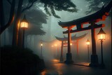 AI generated illustration of lit Japanese shrines in a foggy forest at night - a religious concept