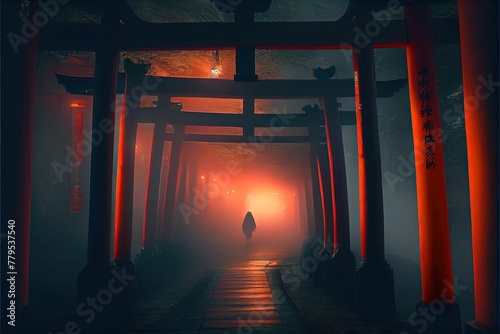 AI generated illustration of a monk's silhouette at a Japanese shrine at night - a religious concept photo