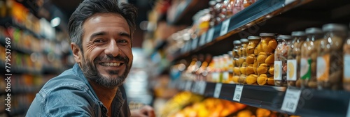 A man is smiling in a grocery store, looking at the produce section photo